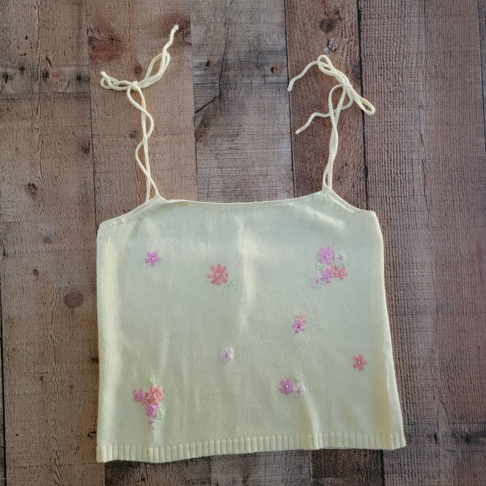 Espirit Vintage Yellow Floral Shoulder Tie Knit Top